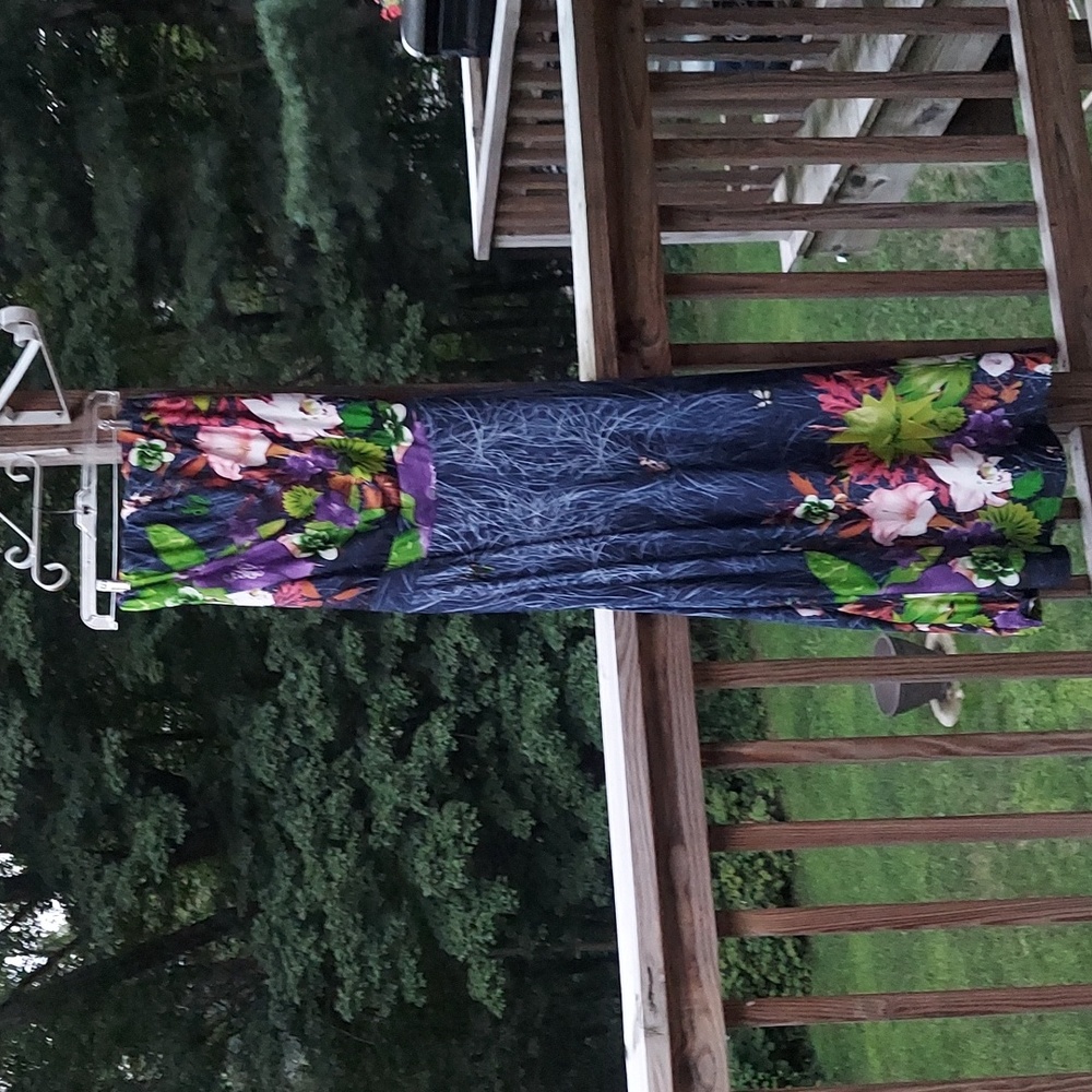 India Boutique Blue Strapless Tropical Floral Long Dress One Size
